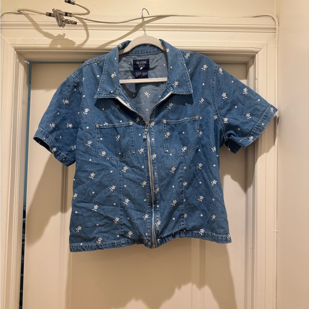 Blue Denim Shirt with White Floral Pattern